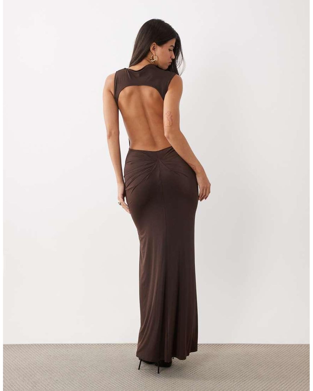 I.AM.GIA Brown Eliana Asymmetric Cap Sleeve Cinch Drape Detail Maxi Dress