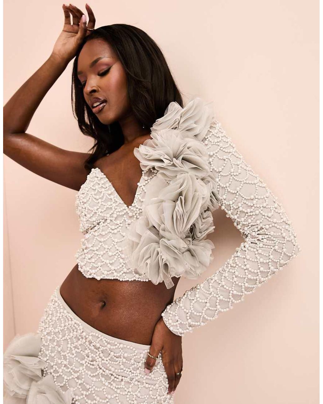 ASOS Pearl Embellished One Shoulder Asymmetric Top With