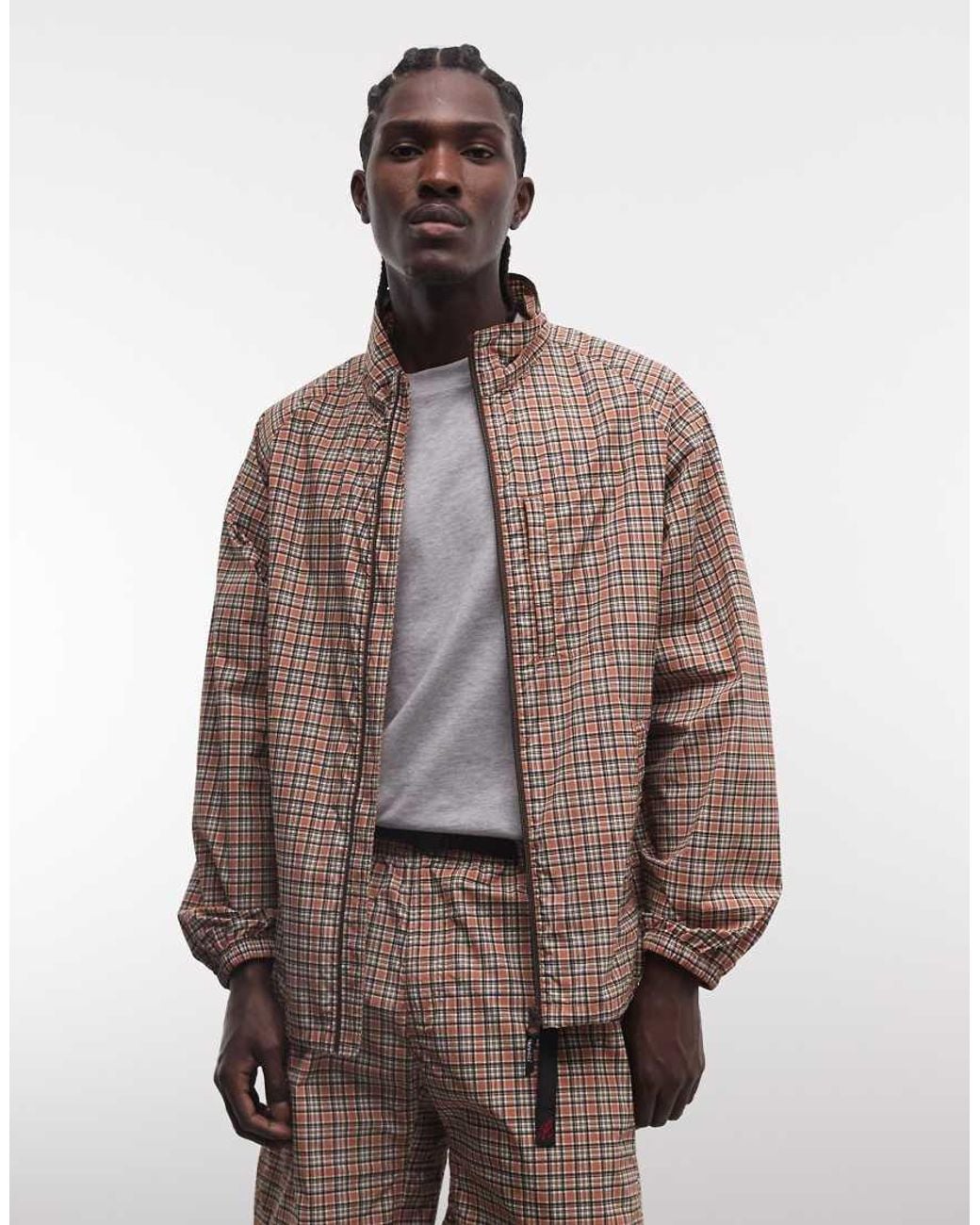 Gramicci Brown Checkered Shell Zip Up Jacket Co-Ord for men