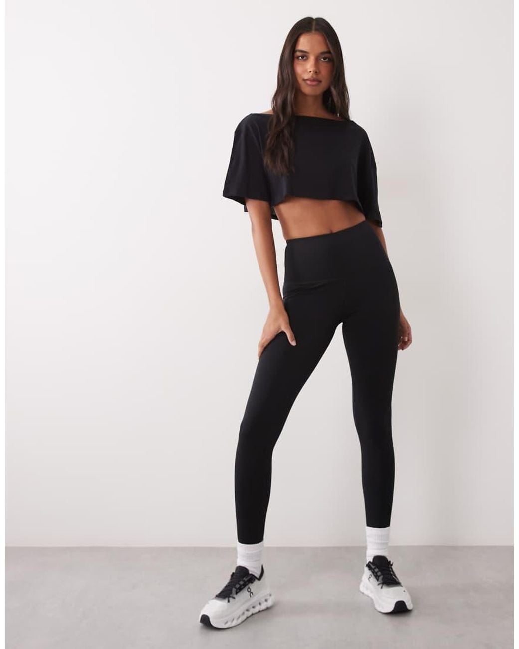 4505 Black Quick Dry Cotton Slub Texture Off The Shoulder Crop T-shirt