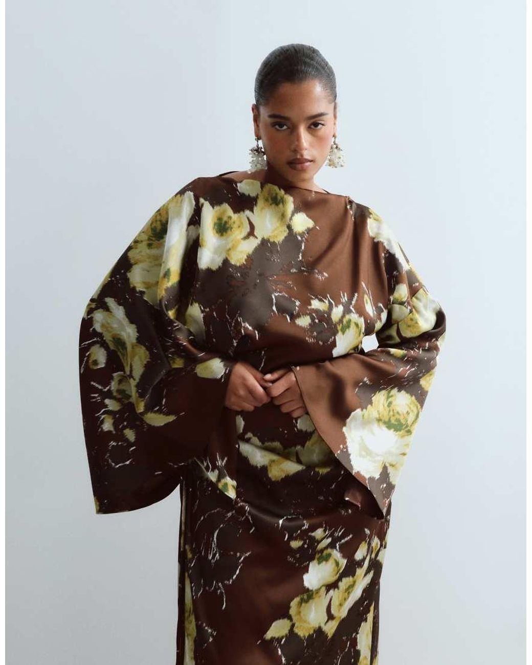 ARRANGE Brown Curve Satin Drape Long Sleeve Maxi Dress
