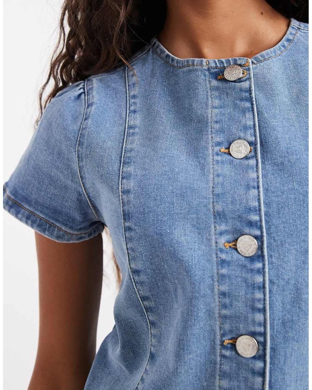 Miss Selfridge Blue Short Sleeve Denim Asym Top