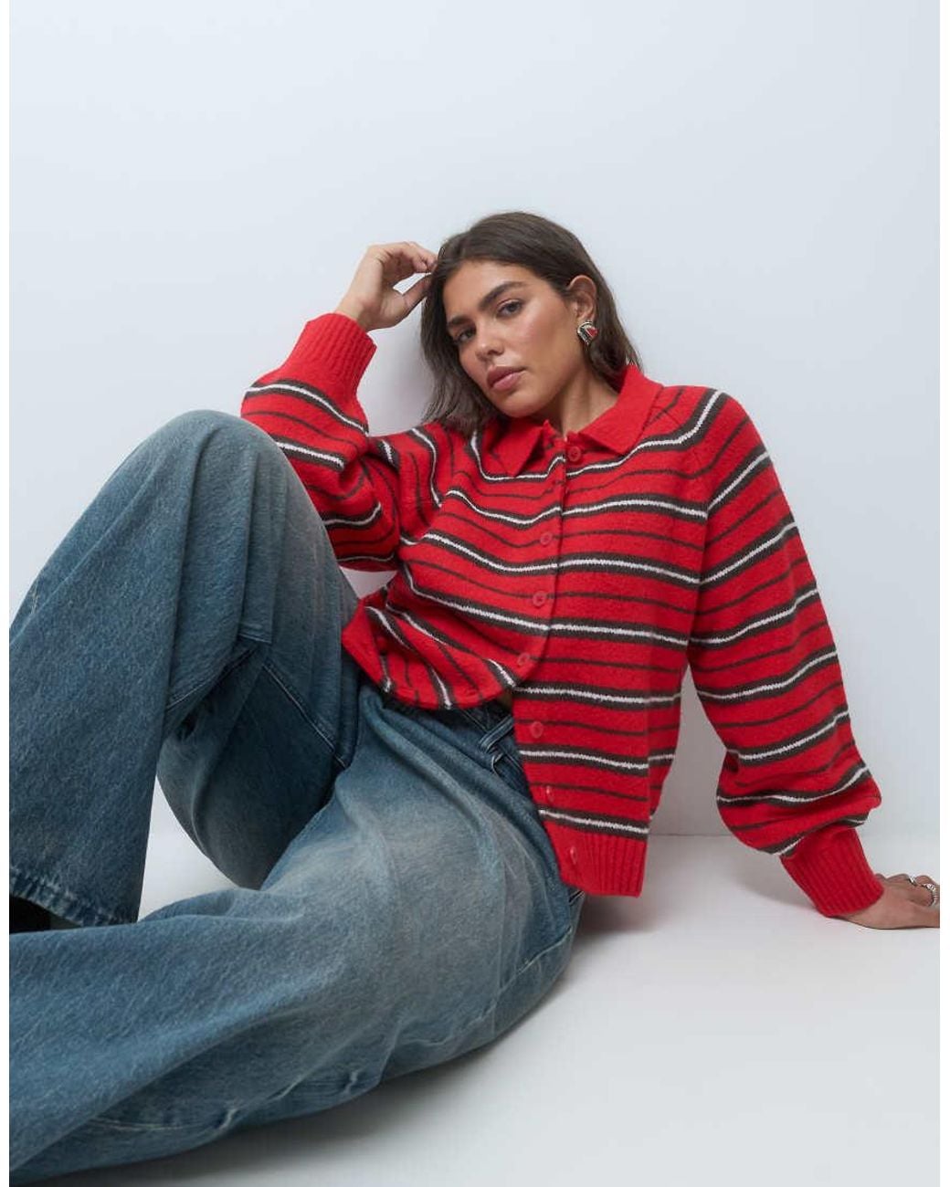 ASOS Red Asos Design Curve Colla Button Through Stripe Cardigan