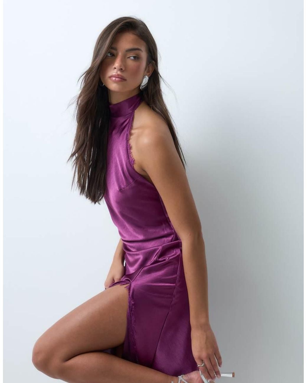 Aria Cove Purple Satin Halterneck High Neck Lace Trim Leg Split Maxi Dress