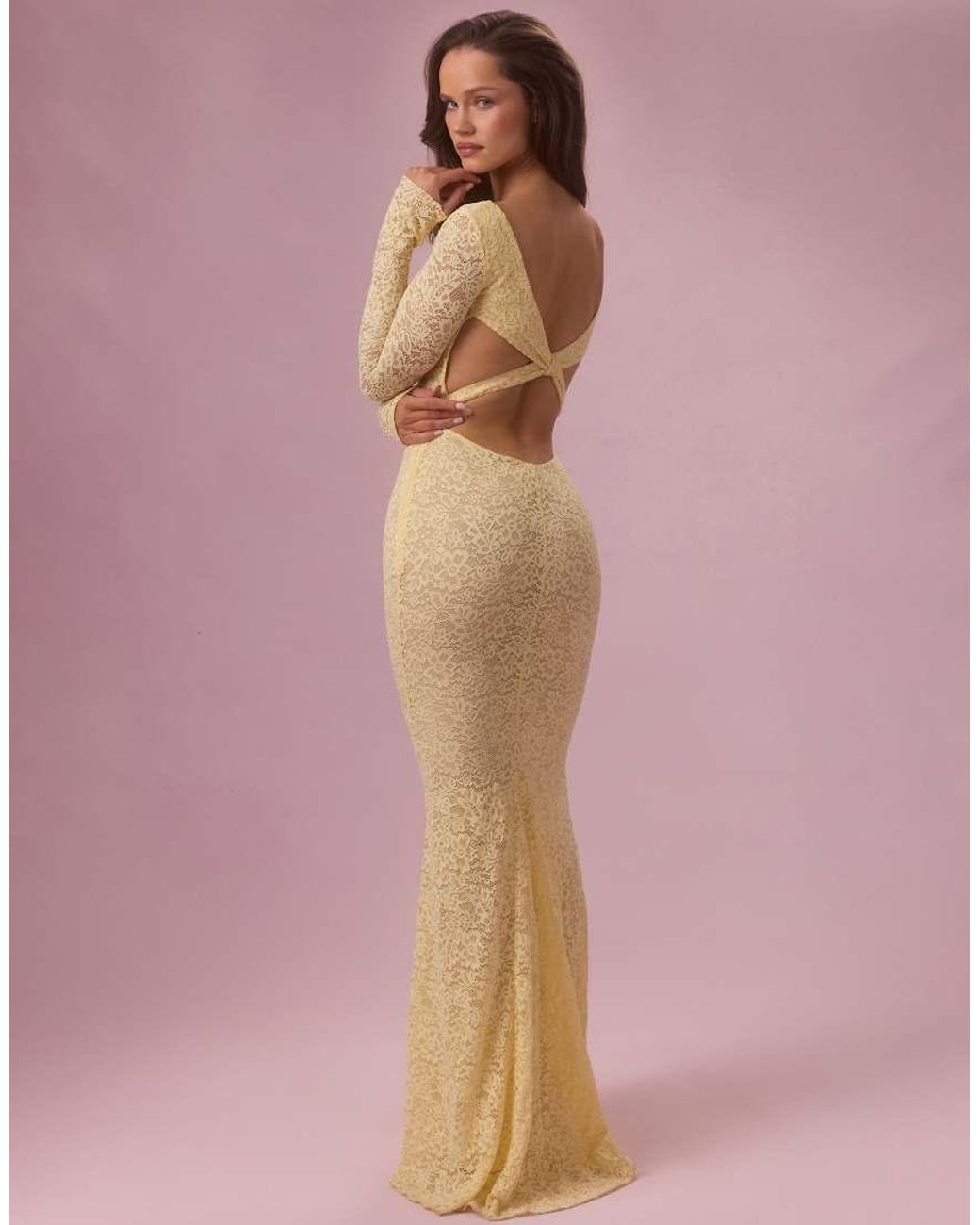 Oh Polly Pink Premium Stretch Lace Square Neck Open Tie Back Maxi Dress