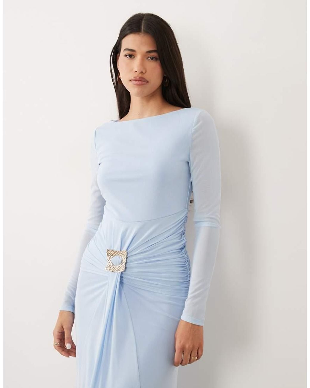 DASKA Blue Slash Neck Tie Front Trim Detail Maxi Dress