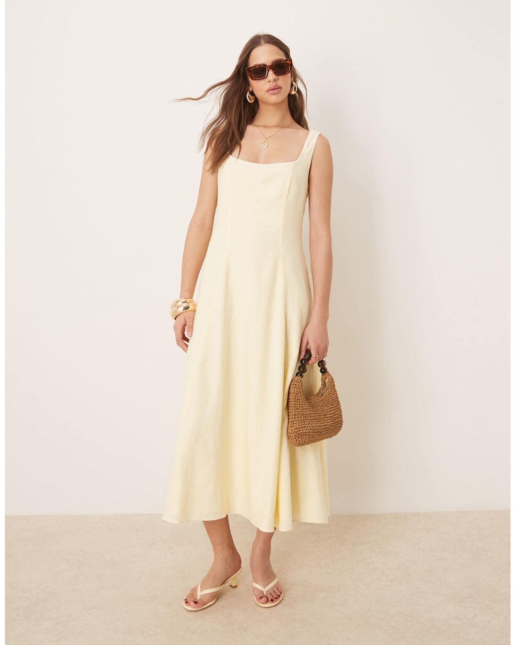 Ever New Robe EVER NEW Linen Blend Contrast Stitch Midaxi Dress in Natural | Lyst