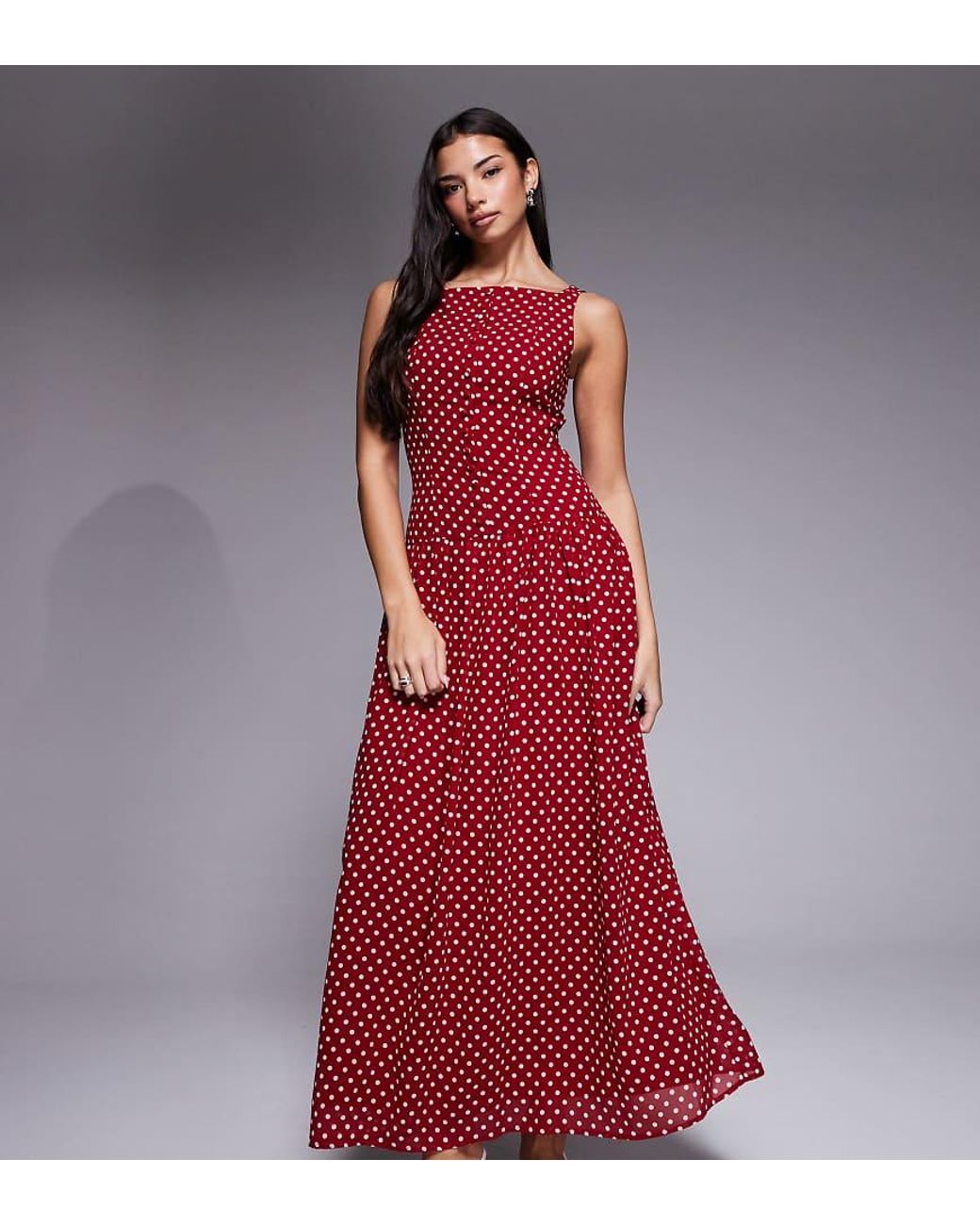 Kaiia Red Exclusive High Square Neck Button Up Dropped Waist Maxi Dress