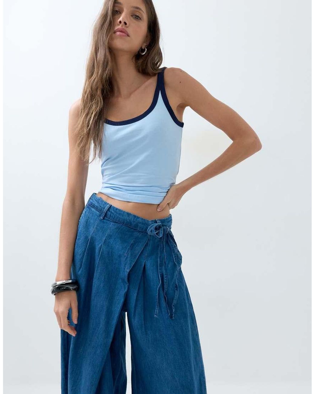 ASOS Blue Soft Wide Leg Denim Trouser With Wrap Waist
