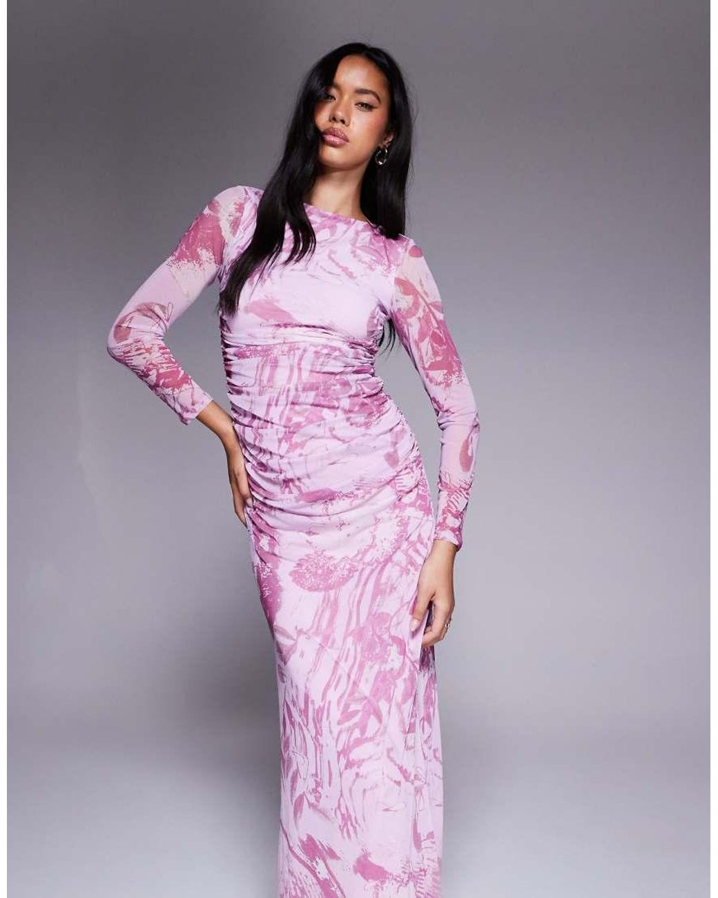 ASOS Purple Mesh Long Sleeve Ruched Maxi Dress