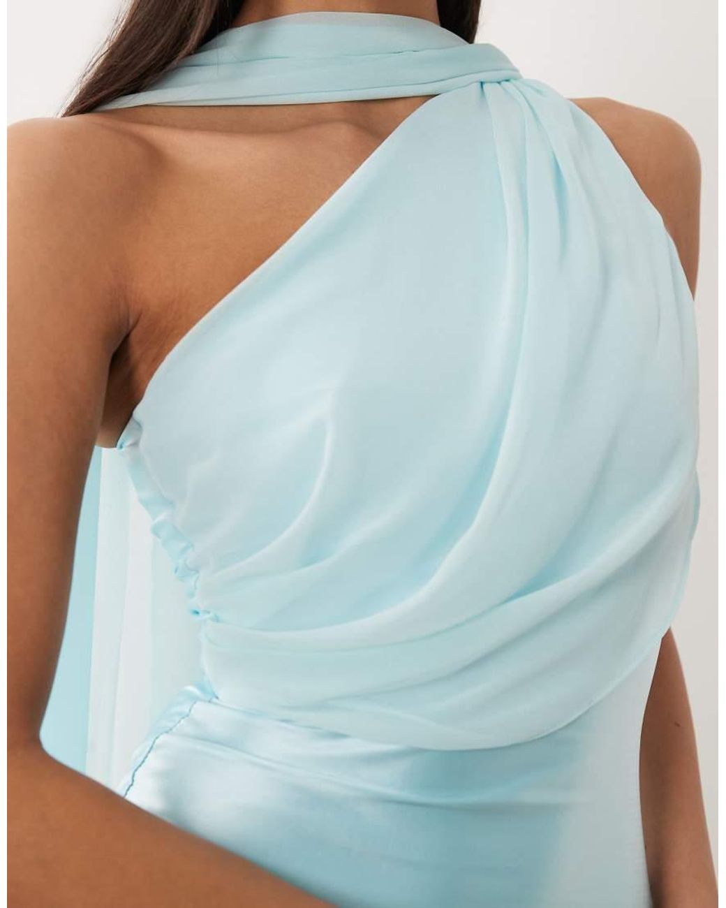 Oh Polly Blue One Shoulder Scarf Detail Asymmetric Hem Midi Dress