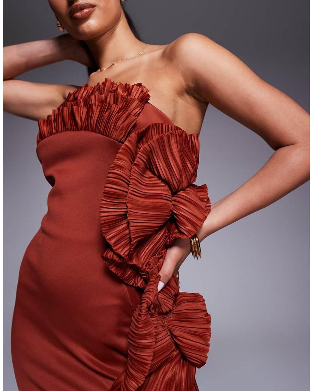 ASOS Red Bandeau Maxi Dress With Plisse Ruffle Fan Detail