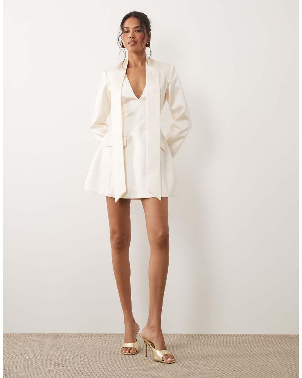 TFNC London Natural Satin Scarf Detail V Neck With Shoulder Pad Detail Mini Dress