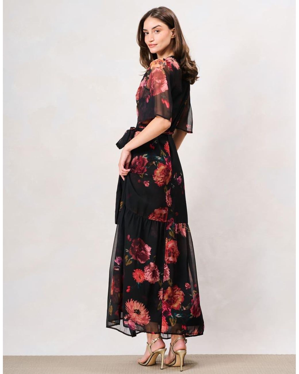 Hope & Ivy Black The Anne-Marie Flutter Sleeve Maxi Wrap Dress With Tie Waist
