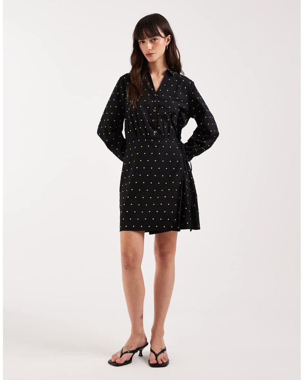 Never Fully Dressed Black Cotton Iron-on Detailing Mini Wrap Shirt Dress