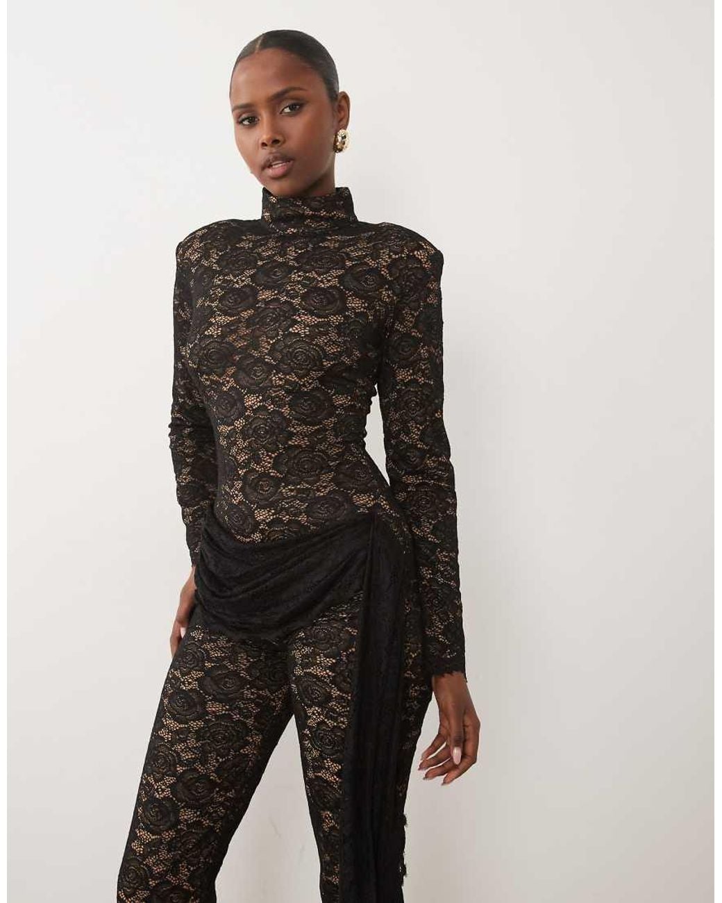 The Dolls House Natural Flora Premium Sheer Lace Catsuit With Wrap Detail