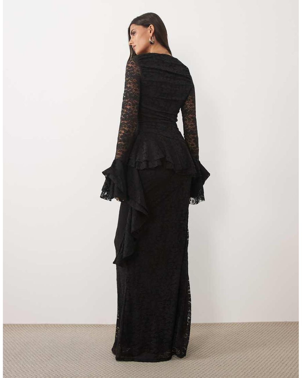 ASOS Black Lace Maxi Dress With Ruching And Frill Details