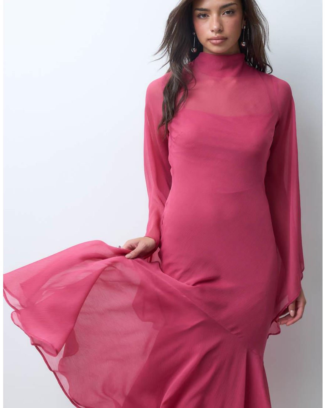 ASOS Pink Flute Sleeve Maxi Dress With Asymmetric Ruffle Hem
