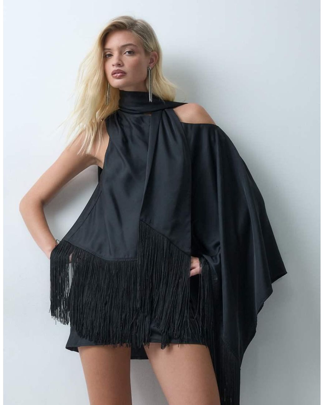 ASOS Blue Off Shoulder Fringe Satin Mini Dress With Scarf
