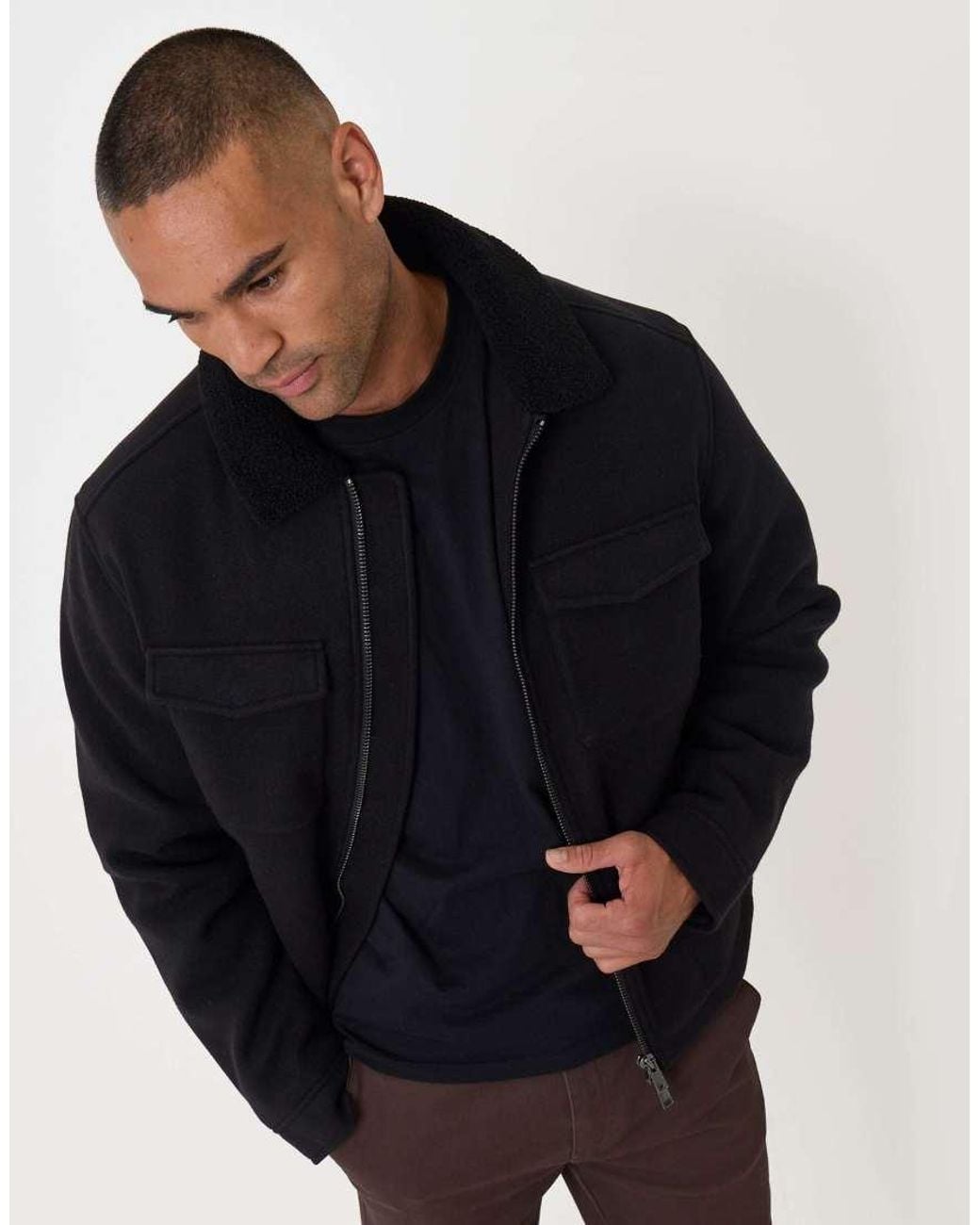 Threadbare Black Zip Jacket With Sherpa Collar & Lining for men