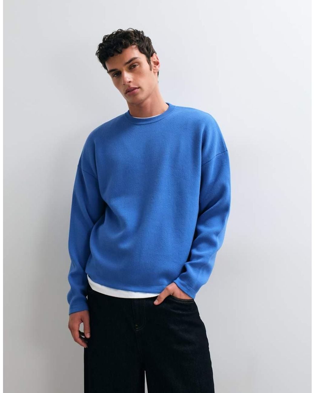 ASOS Blue Oversized Knitted Jumper With Archives Back Print for men