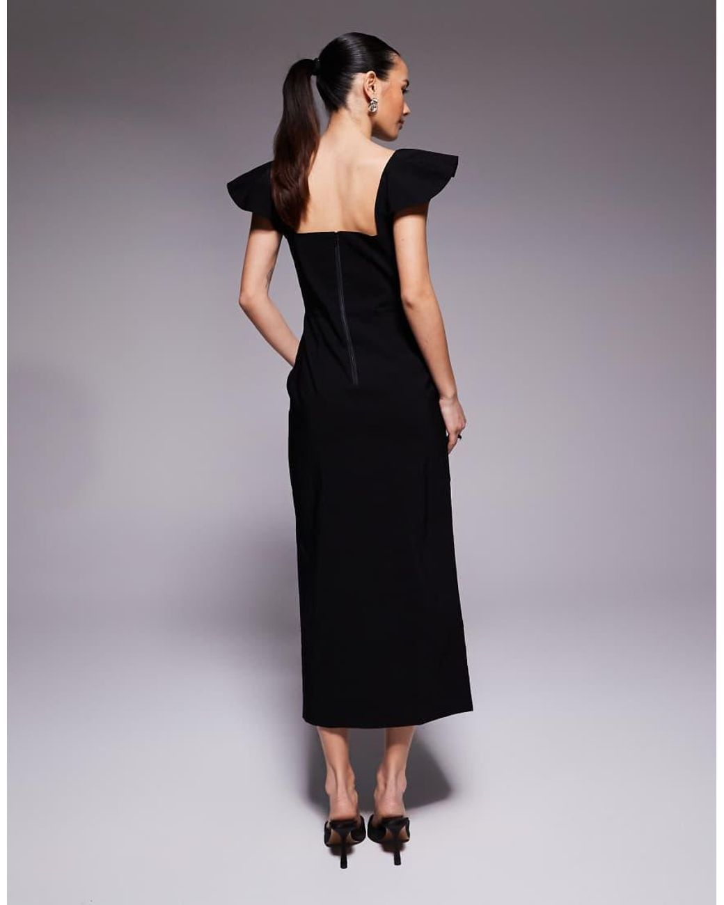 Vesper Petite Black Bengaline Square Neck Ruffle Sleeve Side Split Midaxi Dress