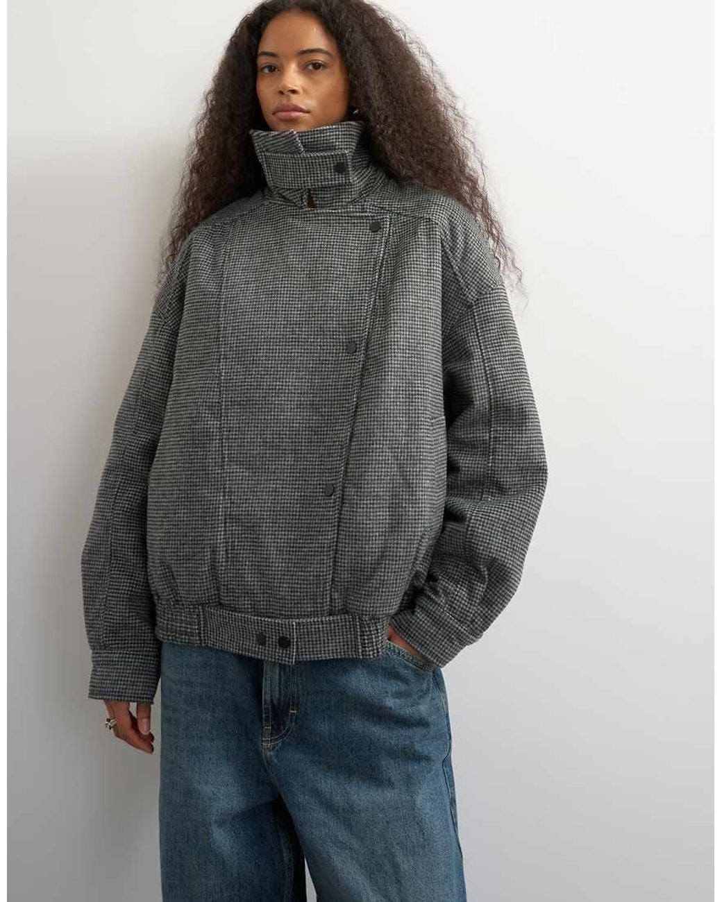 TOPSHOP Gray Funnel Neck Wool Belted Bomber Jacket