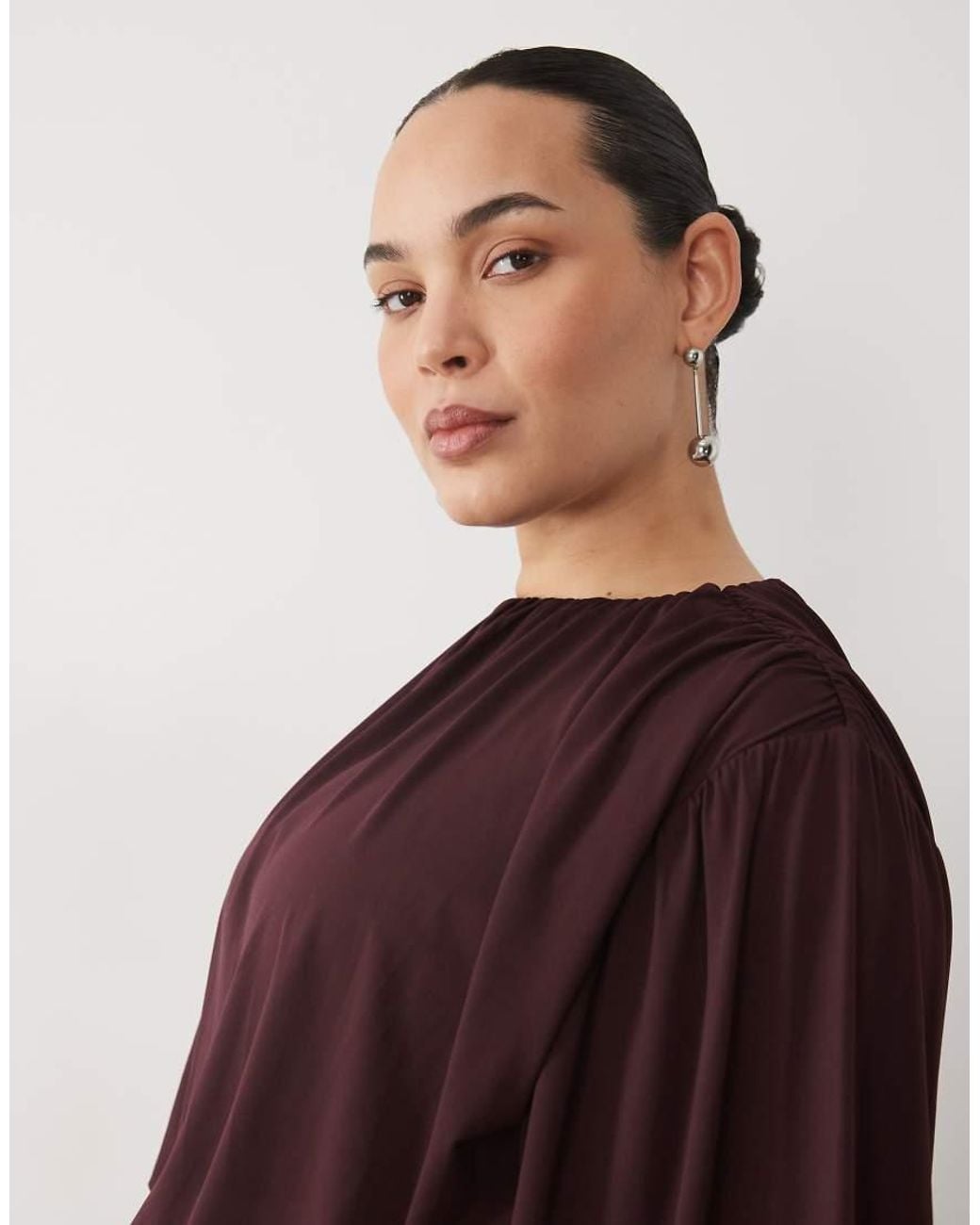 Pretty Lavish Curve Brown Jersey Blouson Sleeve Draped Sash Detail Mini Dress