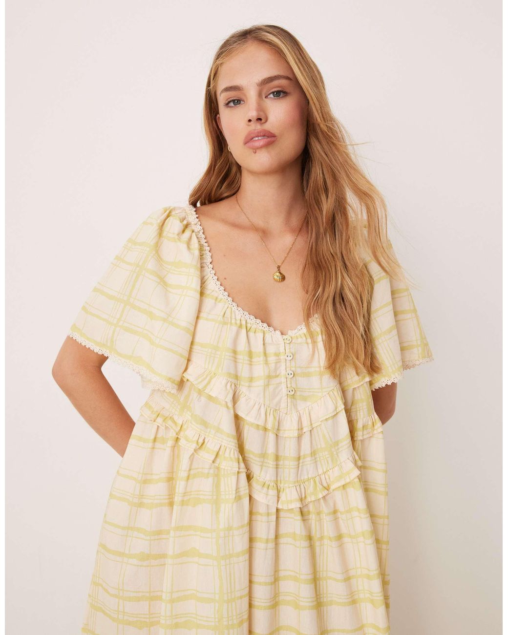 la prairie smock midi dress check Vrg Grl La Prairie Check Print Midi Smock Dress in Natural