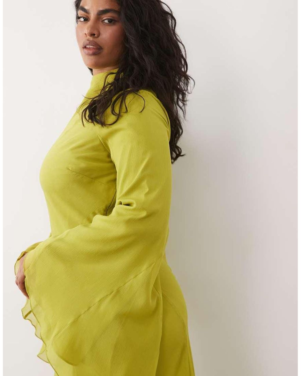 ASOS Yellow Asos Design Curve Long Sleeve High Neck Maxi Dress With Ruffle Godets And Flute Sleeves