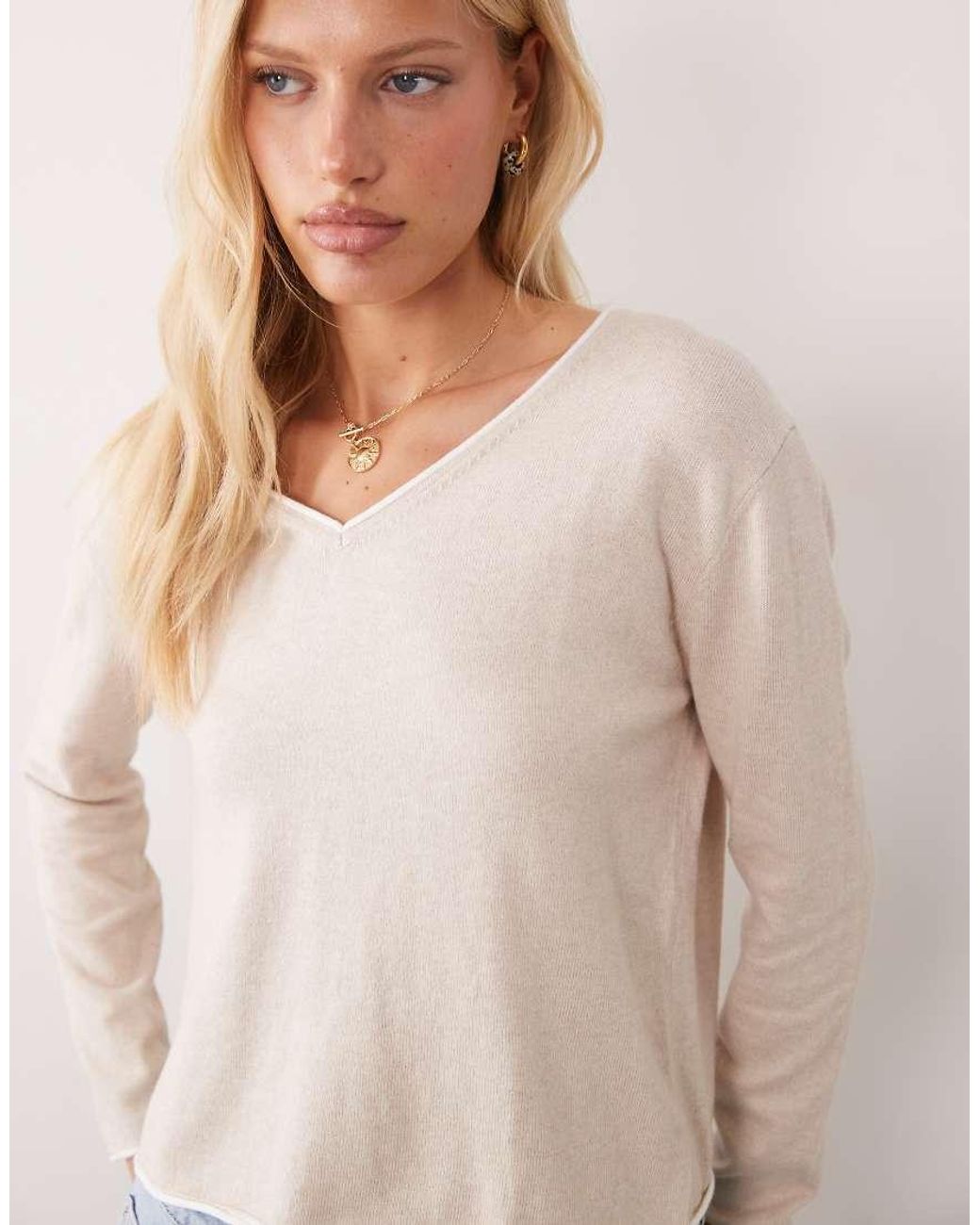 Mango Blue Teen V Neck Jumper With Contrast Trim