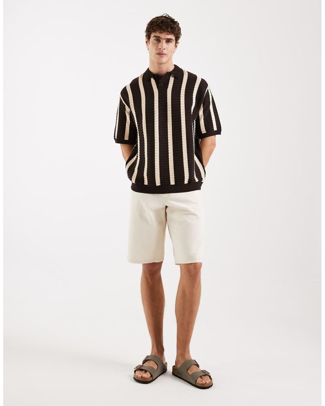 Redefined Rebel Black Pau Boxy Fit Short Sleeve Knit Polo Shirt With Stripe for men