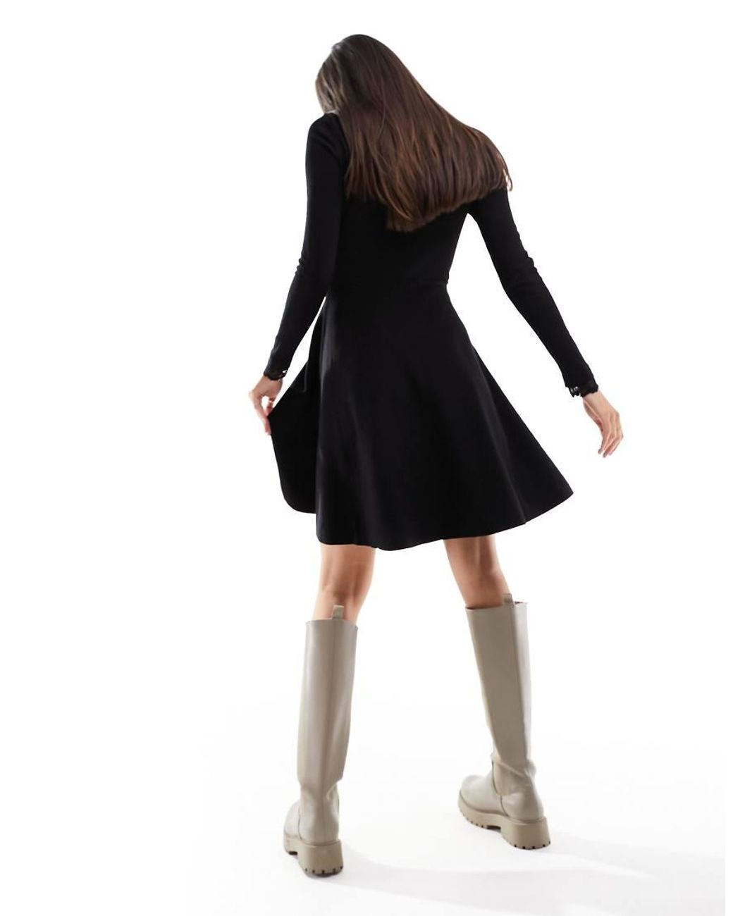 Y.A.S Black Y.A.S Knitted Fit And Flare Mini Dress With Lace Cuff Detail