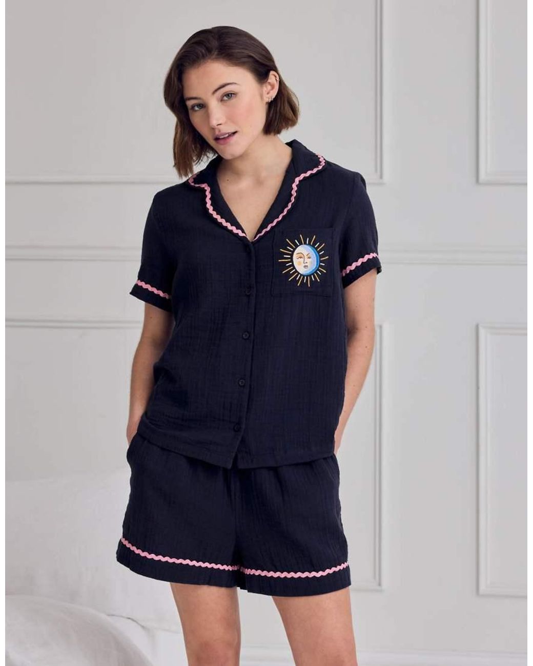 Chelsea Peers Blue Cotton Cheesecloth Embroidered Le Soleil Short Pyjama Set