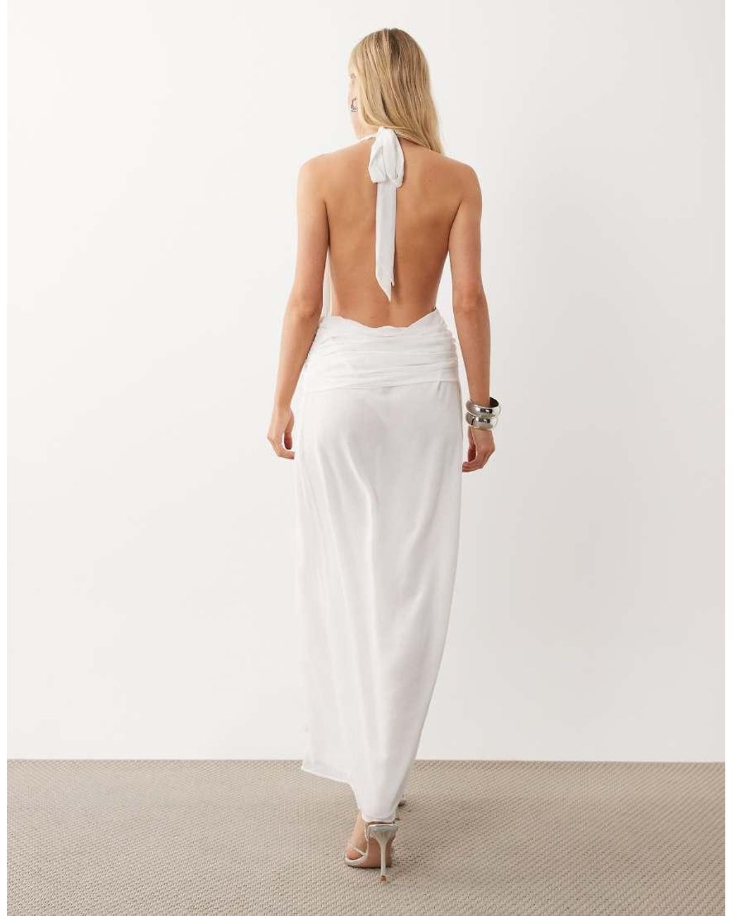 Oh Polly Natural Mesh Plunge Cowl Halter Neck Thigh Split Beach Maxi Dress
