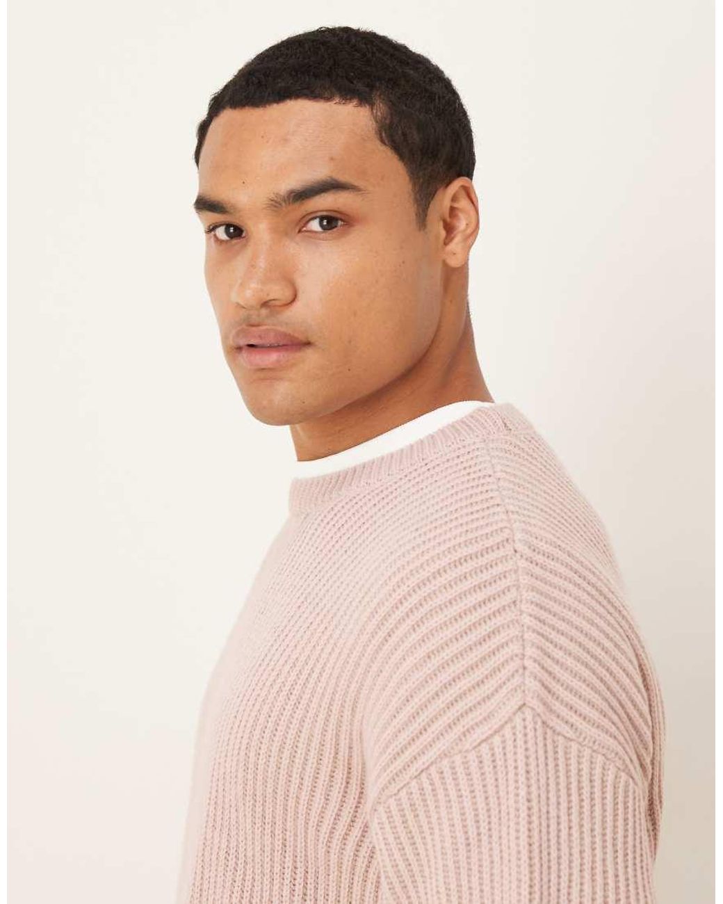 ASOS Pink Relaxed Long Sleeve Knitted Crew Neck Rib Jumper for men