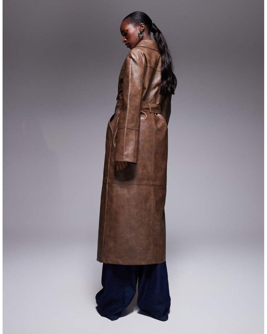 The Frolic Brown Exclusive Leather Look Button Through Belted Maxi Coat