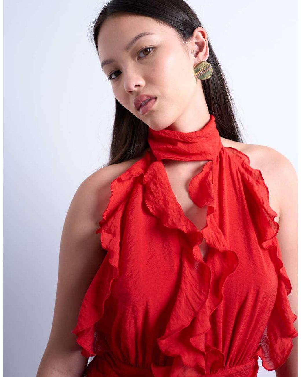 TOPSHOP Red Deep Plunge Ruffle Maxi Gown