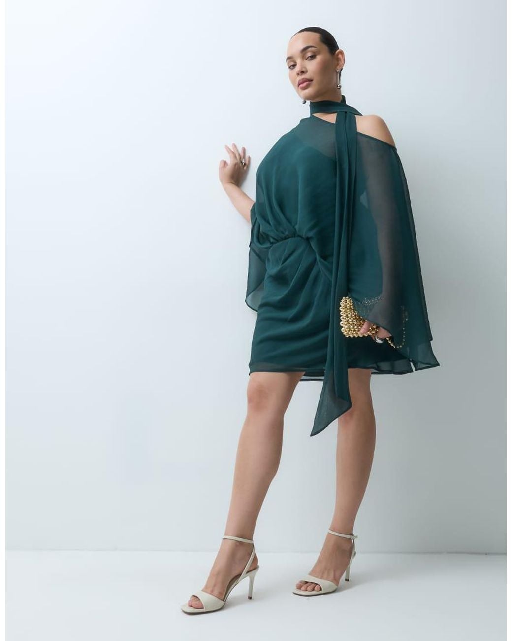 ASOS Green Asos Design Curve Off Shoulder Chiffon Cape Mini Dress With Scarf