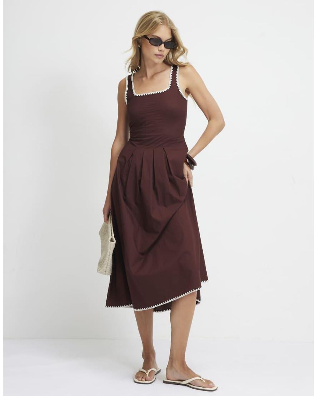 River Island Brown Pleated Poplin Midi Dress