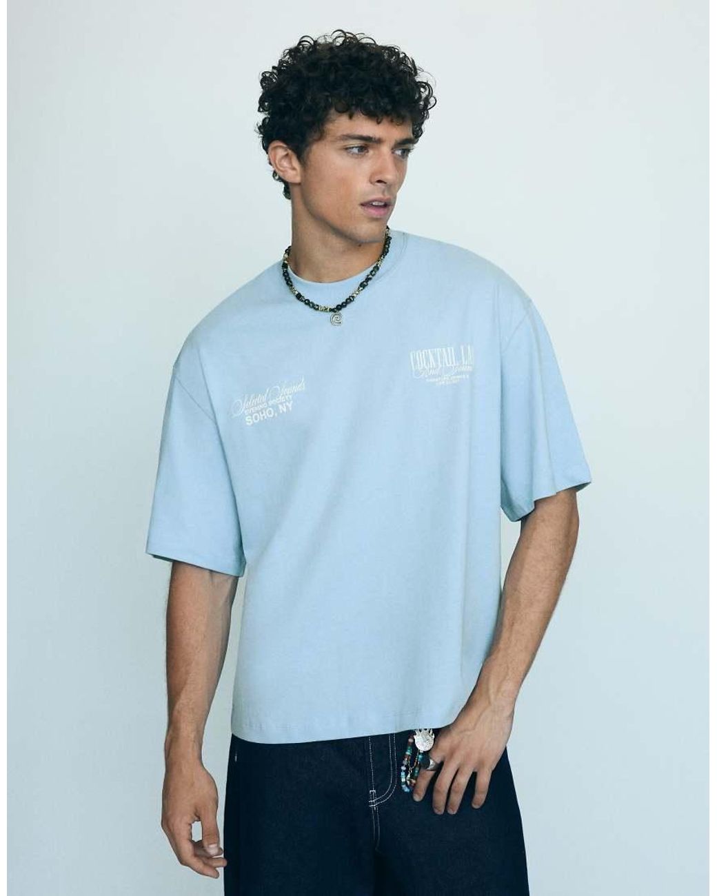 Bershka Blue Boxy Short Sleeve Print T-shirt for men