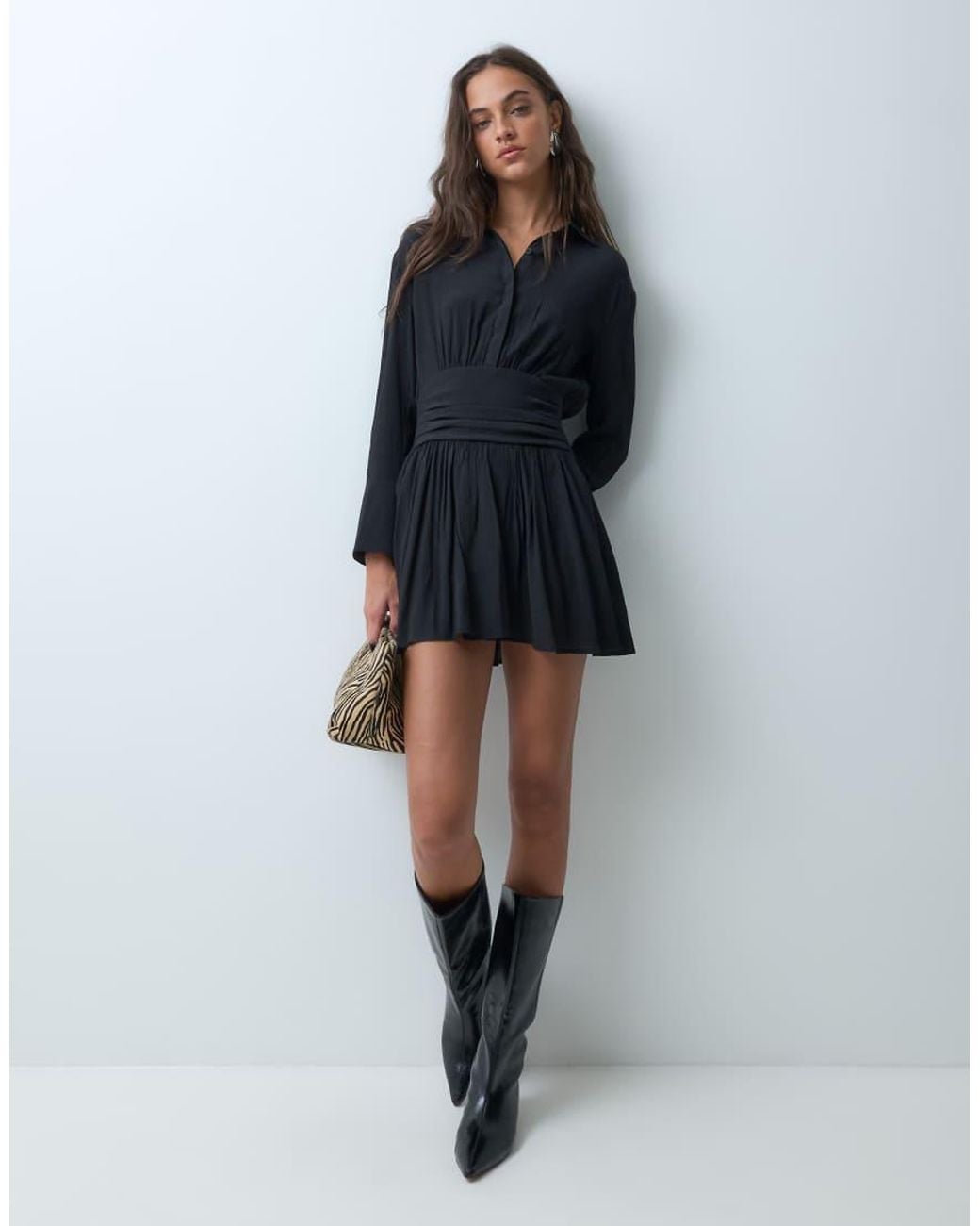 BRONZE SNAKE Gray Mini Shirt Dress With Tie Waist