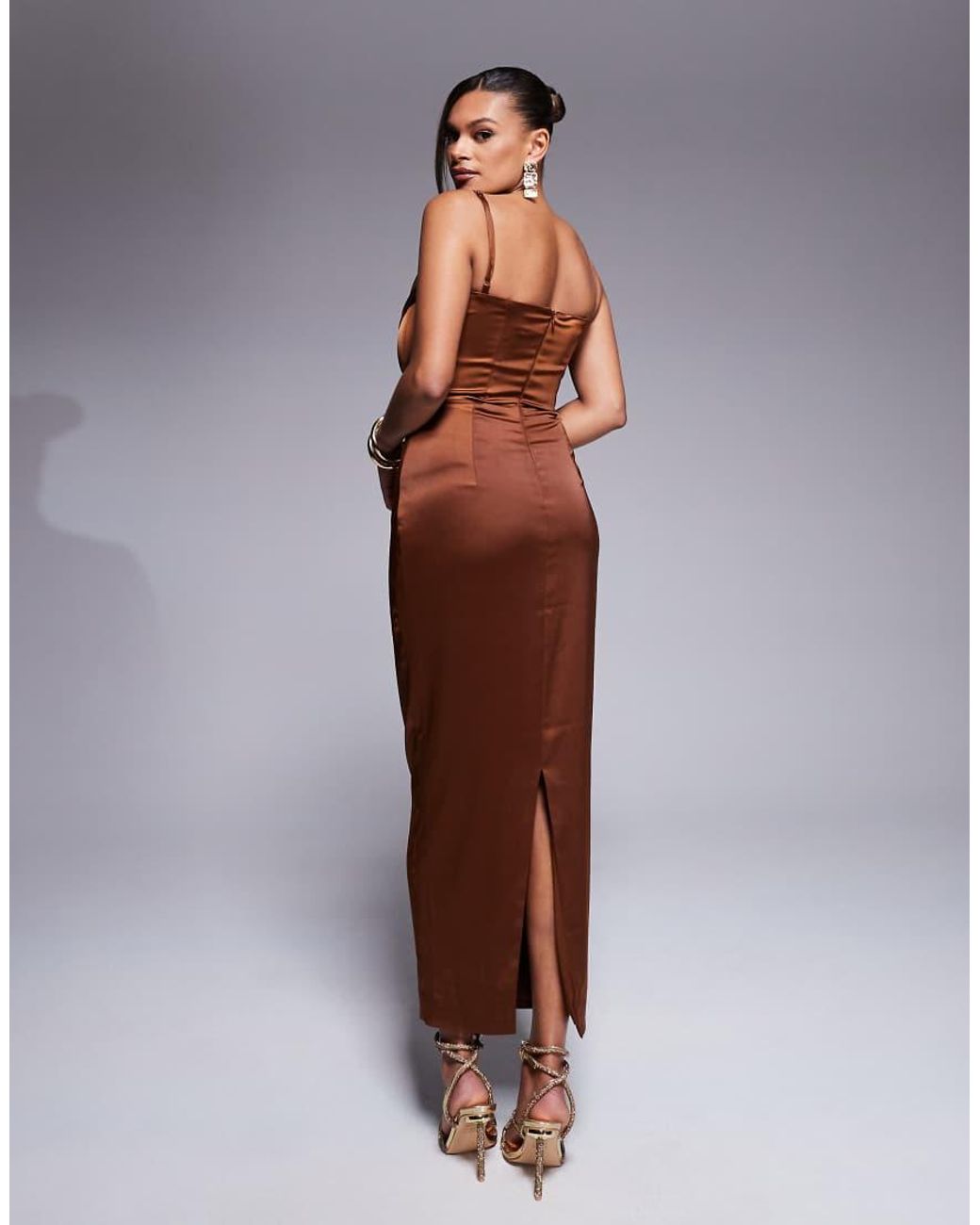 Taideux Fuller Bust Naomi Satin Midaxi Boned Corset Dress With Lace Trim in  Brown | Lyst UK