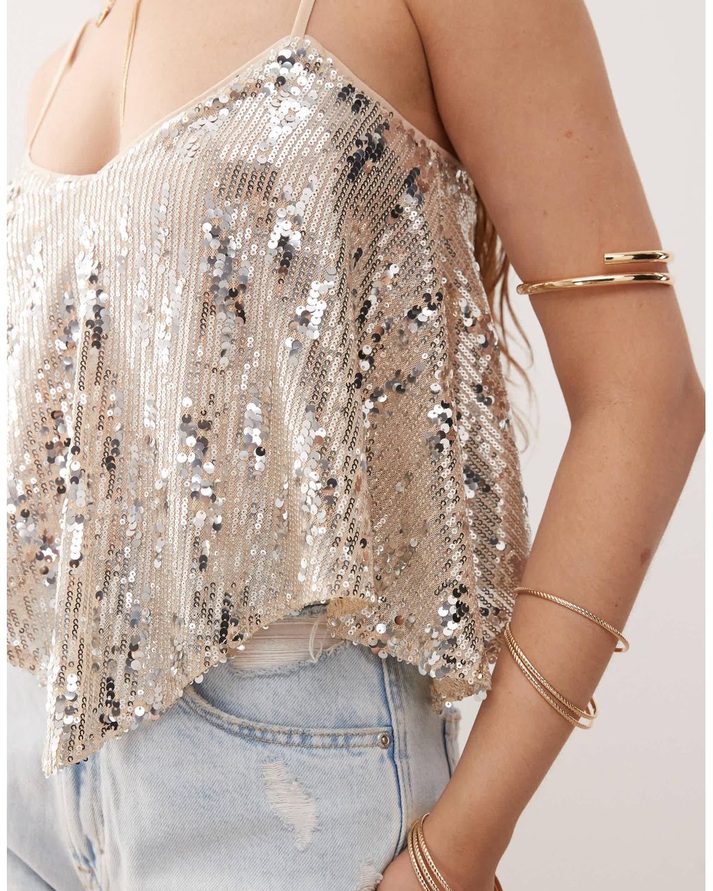 Miss Selfridge Metallic Sequin Structured Cami Top-gold