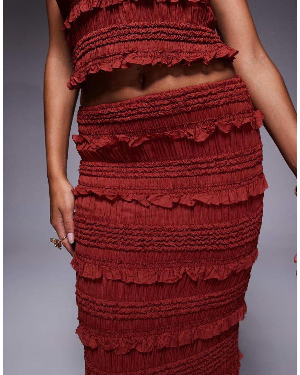 Oh Polly Red Ruffled Mid-rise Maxi Skirt