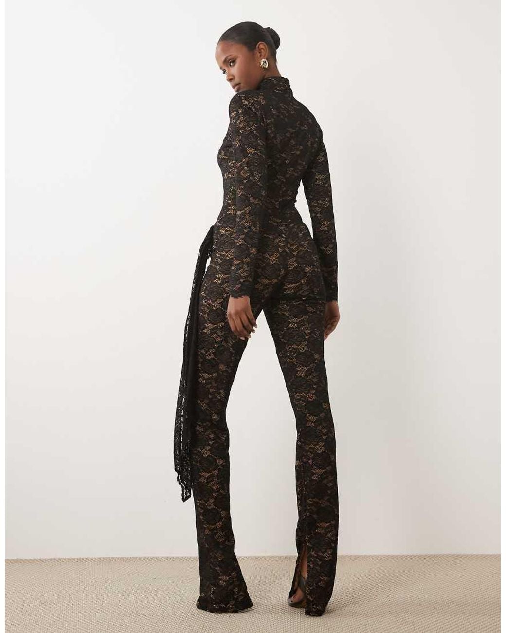 The Dolls House Natural Flora Premium Sheer Lace Catsuit With Wrap Detail