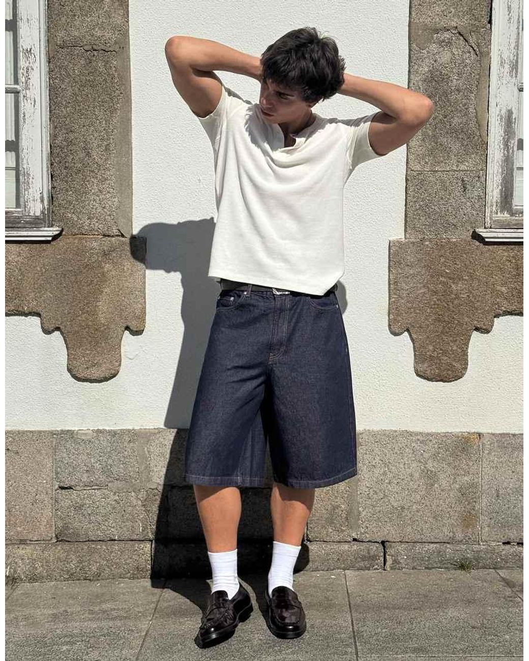 Bershka Blue Baggy Denim Bermuda Shorts for men
