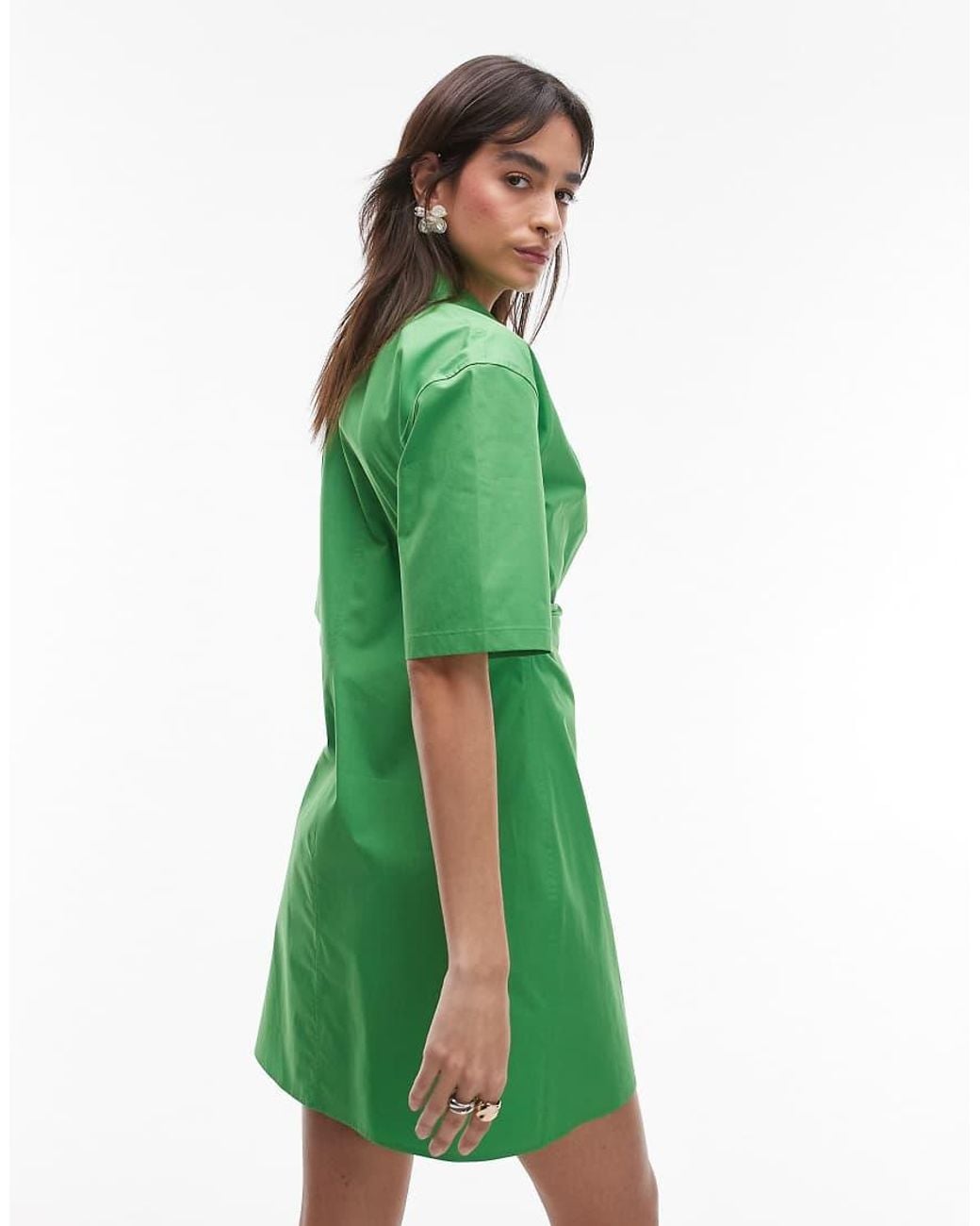 ARKET Green Cotton Rich Mini Shirt Dress With Button Wrap Front