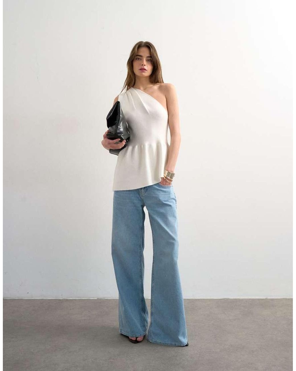 TOPSHOP Blue Knitted Compact Peplum One Shoulder Top