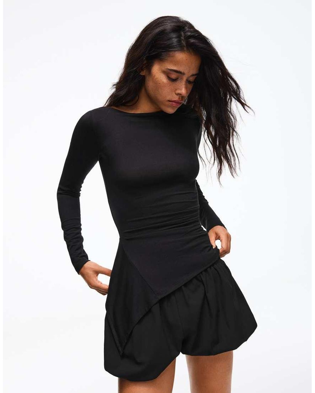 Bershka Black Long Sleeve Asymmetric Gathered T-shirt